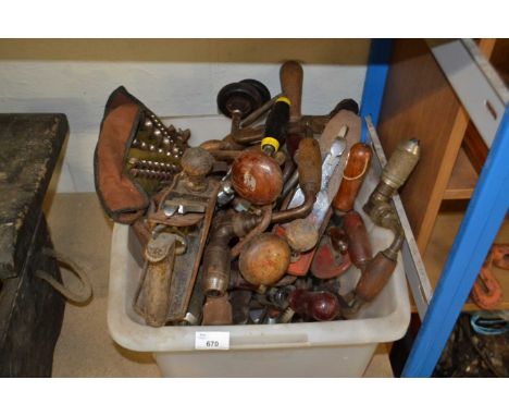 Box of various woodworking tools, drills, planes etc