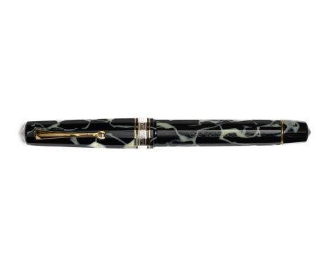 Omas Galileo Galilei rollerball pen. Bright cream veins on black, Paragon multi-sided model with deco band and roller clip. L