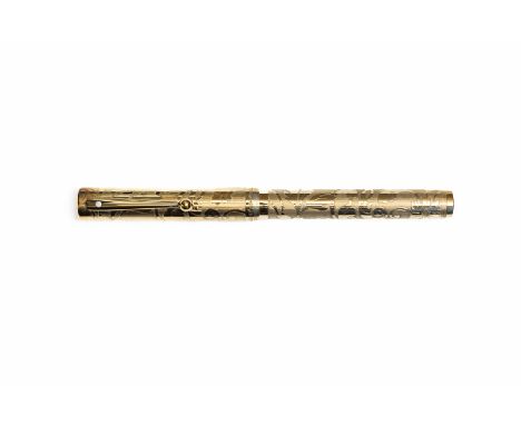 Sheaffer Nostalgia vermeil-etched floral pattern fountain pen. Large leaves and flowers offset with a tight vertical lined pa