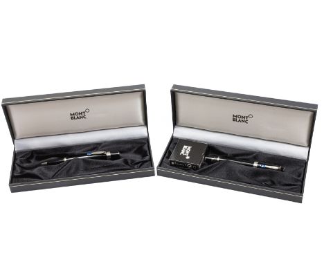 Montblanc Boheme platinum trim fountain pen and ballpoint set with boxes, outer boxes and papers. Platinum trim with blue jew