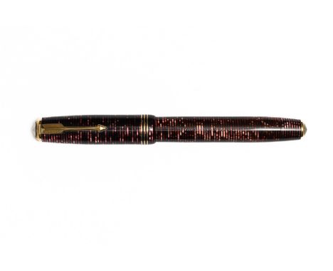 Parker Vacumatic oversized fountain pen in Burgundy Pearl. 1937 Canadian made example with lockdown filler, striped jewels an