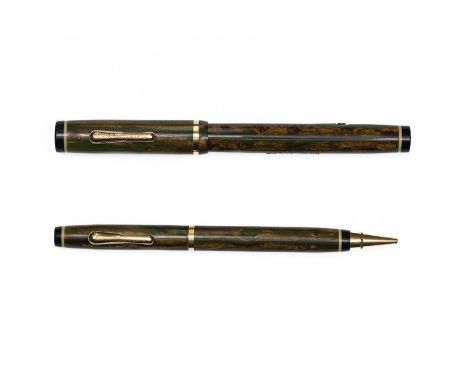 Conklin green and bronze marble student model fountain pen set. The student model was made in several colours including black