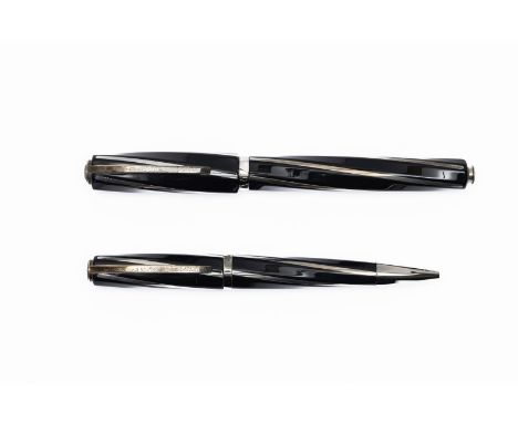 Visconti Divina sterling silver and black fountain pen and ballpoint set, with ink bottle, box and outer boxes. Black gloss f