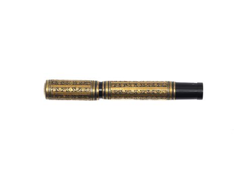 Waterman 42 1/2 V black hard rubber fountain pen Damascene Toledo overlay. Damascene, or "damasquinado," is the Moorish art o