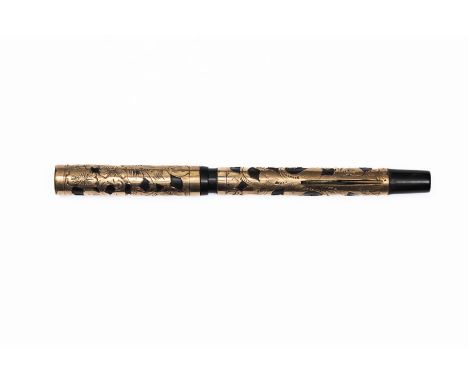 John Holland 71 gold filled filigree hatchet filler fountain pen. Filigree with large Lillies and scroll work with cursive in