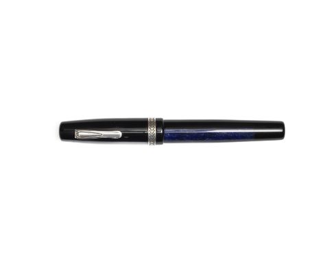Krone Kensington blue marble and black fountain pen. Classic Krone style pen with short clip and decorative cap band, black c