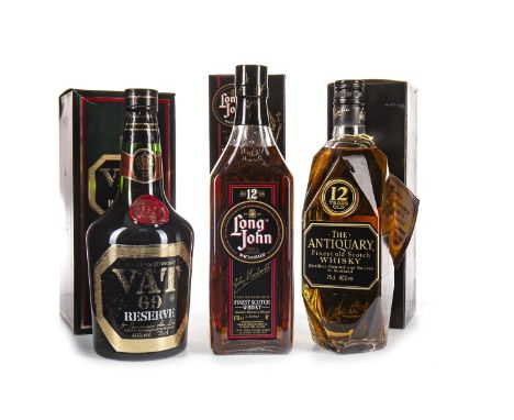 VAT 69 RESERVE Blended Scotch Whisky 75cl, 40% volume, in carton. ANTIQUARY 12 YEARS OLD 75cl, 40% volume, in carton. LONG JO