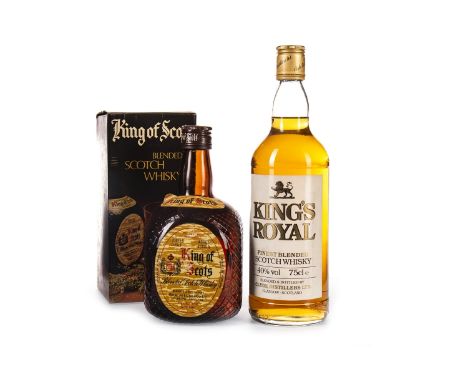KING OF SCOTS Blended Scotch Whisky 75cl, 43% volume, in carton. KING'S ROYAL Blended Scotch Whisky 75cl, 40% volume. Two bot