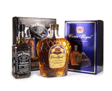 CROWN ROYAL - ONE LITRE Blended Canadian Whisky One litre, 40% volume, in carton. JACK DANIEL'S HIP FLASK SET Blended America