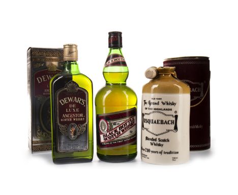 BLACK BOTTLE Blended Scotch Whisky 75cl, 40% volume. DEWAR'S ANCESTOR Blended Scotch Whisky 75.7cl, 70° proof, in carton. USQ
