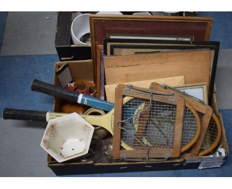 A Box of Sundries to Include Two Vintage Tennis Rackets, Ceramics, Pictures and Prints 