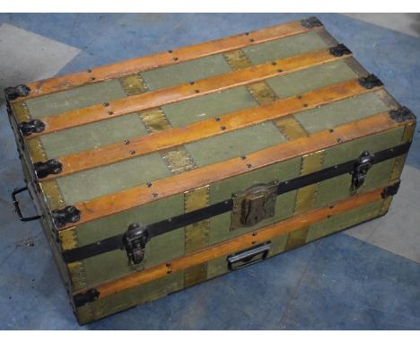 A Vintage Brass and Wooden Banded Canvas Covered Trunk, 76cm wide 