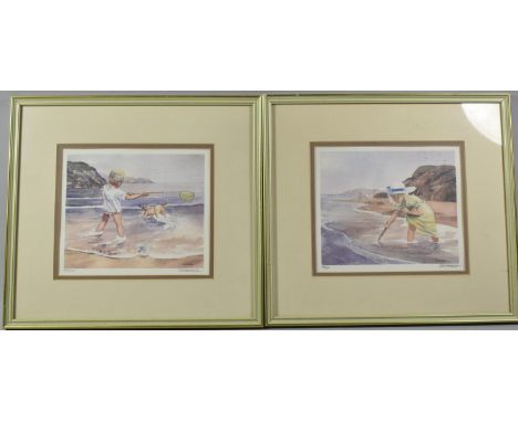 A Pair of Framed Limited Edition Prints of Children on Beach, After Kim Raymond, "New Dress" and "Playmates", Each 19x16cm 