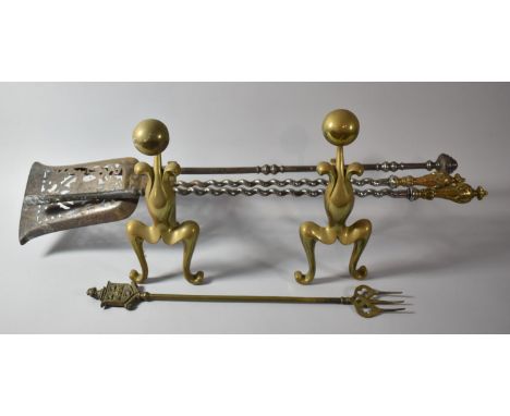 A Pair of Brass Fire Dogs Together with Long Handled Fire Irons and a Brass Toasting Fork, Poker 70cm Long 