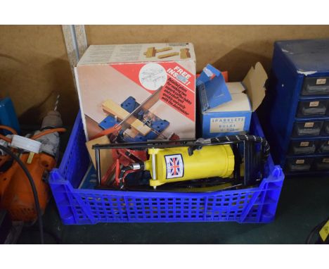 A Box of Tools to Include G Clamps, Joint Maker, Foot Pump, Sanding Sheets etc 