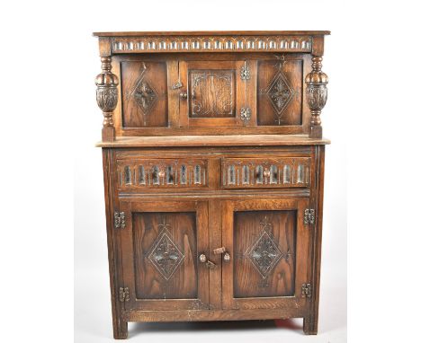 A Mid 20th Century Oak Court Cupboard of Small Proportions Having Two Drawers and Carved Panel Doors to Base Cupboard, 91cm w