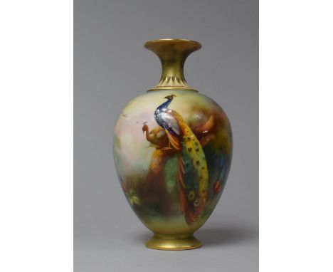 A Royal Worcester Ovoid Vase with Peacock Decoration, Shape Number 302, 50A74 Underglaze Green Mark to Base, Restored to Neck