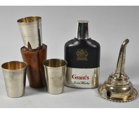 A Late 19th/Early 20th Century Silver Plated WIne Funnel Together with a Leather Cased Set of Three Silver Plated Small Tumbl