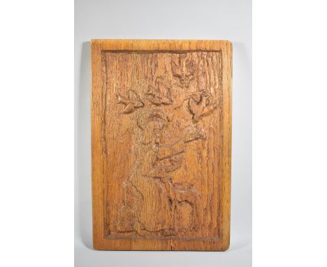 A Carved Wooden Panel Depicting Seated Jesus with Animals and Birds, 49cm x 32cm 