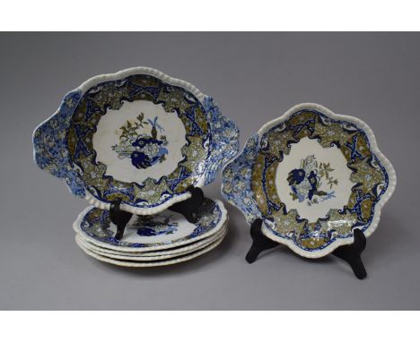 A Spode Blue Transfer Printed Chinese Scene Pattern Fruit Set to comprise Two Sering Plates and Four Plates 
