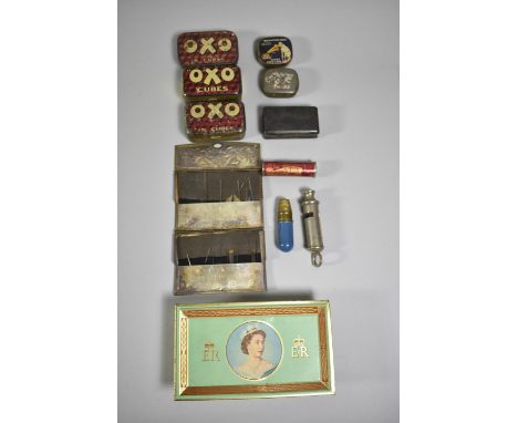 A Tin Containing Various Vintage Curios to Include Oxo Cube Tins, HMV Needle Tin, Needle Sets, Whistle Etc 