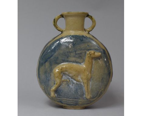 A Glazed Stoneware Two Handled Moon Flask Decorated in Relief with Greyhound, 20cm high 