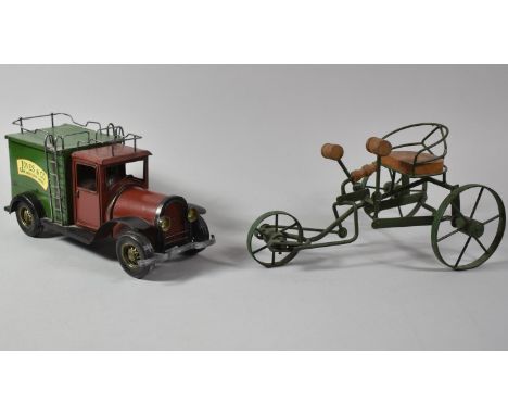 A Reproduction Tinplate Vintage Van and a Tricycle, 28cm Long 