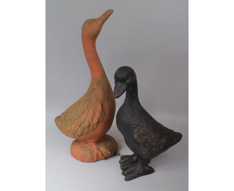 A Terracotta Goose and a Ceramic Duck Ornament, Goose 65cm high 
