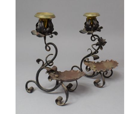 A Pair of Brass and Copper Mounted Wrought Iron Candle Sticks on Scrolled Tripod Support, 21cm High 
