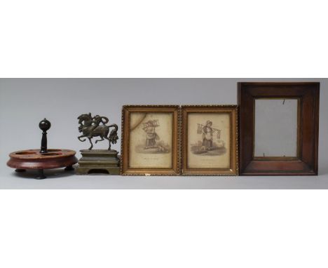 A Lacquered Wooden Circular Cruet Stand with Ebonised Handle Together Pair of 19th Century Gilt Framed Small Prints, "Chairs 