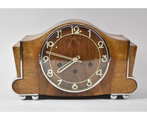 An Art Deco Oak and Walnut Chrome Cased Westminster Chime Mantle Clock, 36cm wide 