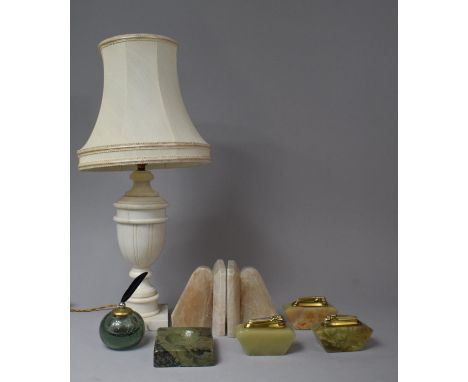 A Collection of Three Onyx Table Lighters, Pair of Onyx Bookends, Glass Globular Pen Stand and White Marble Vase Shaped Table