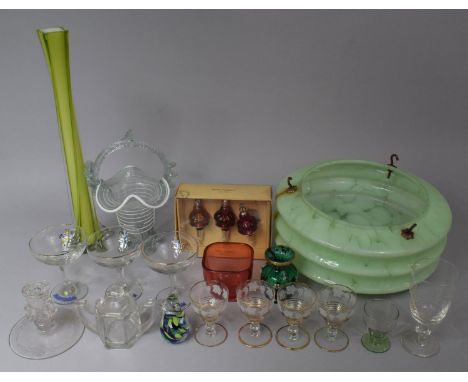 A Collection of Glassware to comprise Shade, Basket, Vase, Babycham Glasses, Candlestick, Tot Glasses, Paperweight Etc 