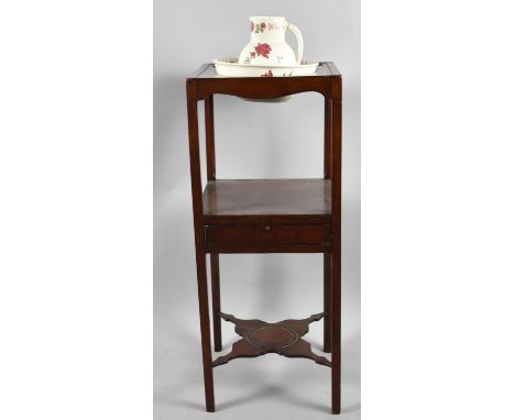 A 19th Century Mahogany Gentleman's Washstand with Centre Drawer and Shaped Stretcher Wash Jug Shelf, Cut outs to Top Housing