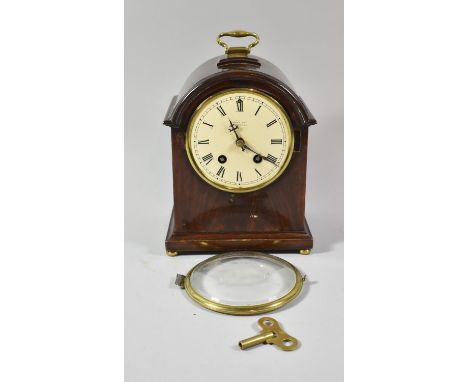 An Edwardian Mahogany Cased Small Bracket Clock with Brass Carrying, Circular Enamel Dial and Movement Chiming on Five Gongs 