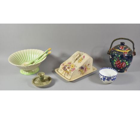 A Collection of Ceramics to Include Cheese Dish, Biscuit Barrel, Wedgwood Green Jasperware Candlestick, Mintons Blue and Whit