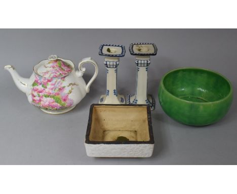 A Royal Albert Blossom Time Teapot (Second) Staining to Inner, Wade Green Glazed Bowl, West German Better Planter of Tapered 