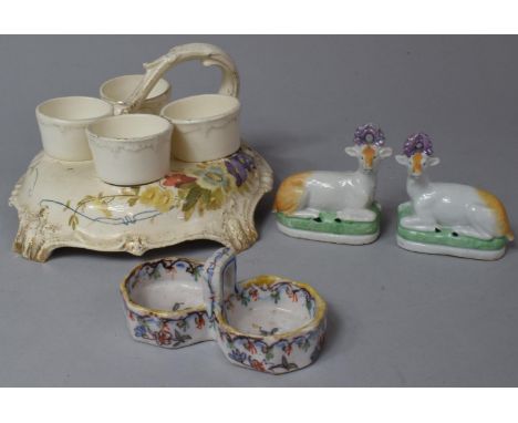 A Ceramic Boiled Egg Cruet, Pair of Stag Ornaments and Two Division Salt 