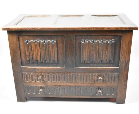 A Mid 20th Century Oak Linenfold Coffer Chest with Hinged Three Panel Lid, Two Base Drawers, 91.5cm Wide 