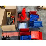 Pallet of Assorted Size Bins, Saw, Level, Caulking Gun, Hack Saw, Vinyl Wall Base, Rubber Wall Base
