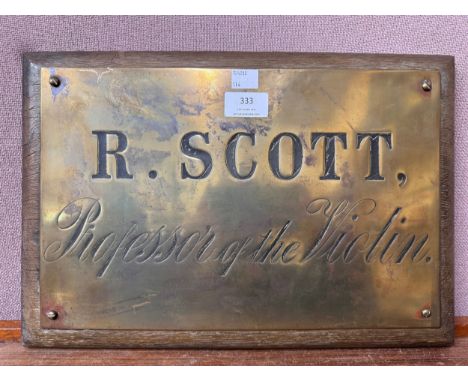 An R. Scott Professor of the Violin oak mounted brass plaque 