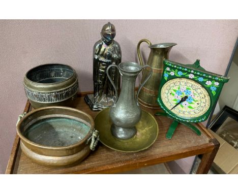 A Knight Companion set, a copper jam pan, brass planter, scales and other metal ware