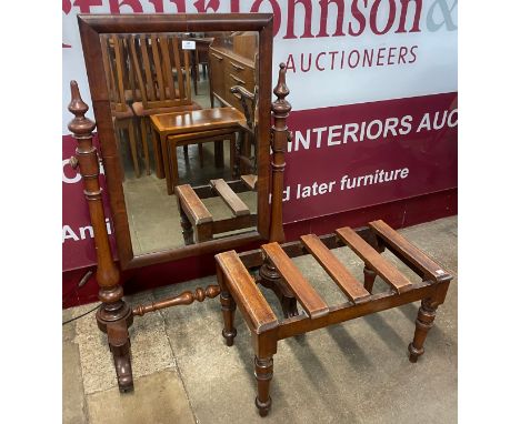 A Victorian mahogany cheval mirror and a luggage stand 