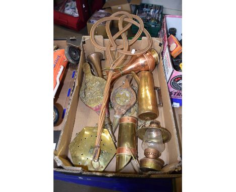 Mixed Lot: Various brass and copper wares, vintage carpet beater etc