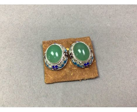PAIR OF CHINESE WHITE METAL CLIP ON EARRINGS EARLY-MID 20TH CENTURY with cloisonne enamel and green hardstones