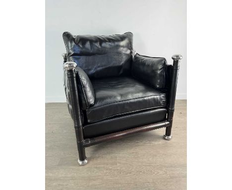 THEODORE ALEXANDER, BLACK LEATHER CLUB SUITE CONTEMPORARY comprising settee and pair of easy chairs, tubular frames with chro