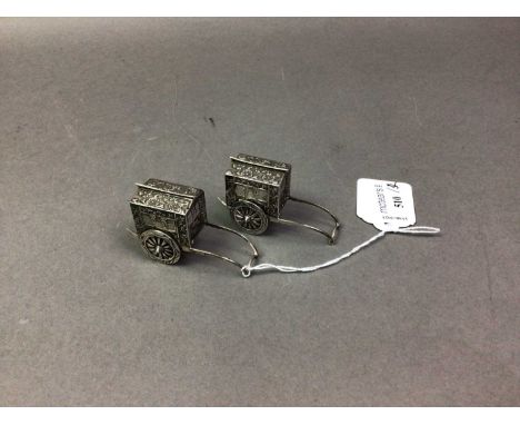 PAIR OF MINIATURE JAPANESE SILVER CARTS along with a silver model of salmon on base