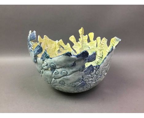 STUDIO POTTERY BOWL AND OTHER CERAMICS the studio pottery bowl with a scene of white bait, along with a Poole 'The Beardsley 