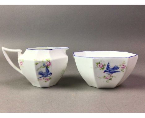 SHELLEY PART TEA SERVICE WITH SIX PARAGON CUPS AND SAUCERS  the shelley service with bird decorationGenerally worn condition,