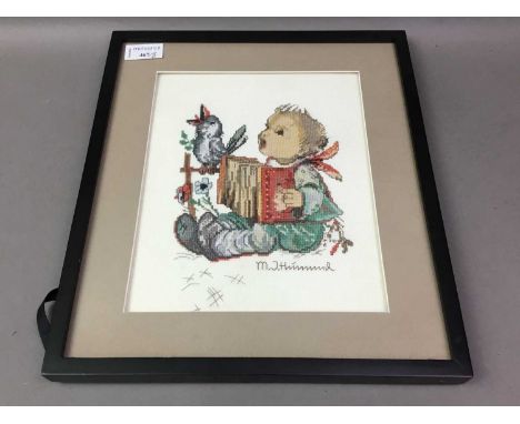 GROUP OF HUMMMEL FIGURES MEMORABILLIA including a Hummel Figures catalogue, two framed needleworks, two bells and othersQty: 